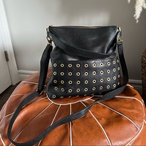 FOSSIL Black pebbled leather crossbody bag with brass details